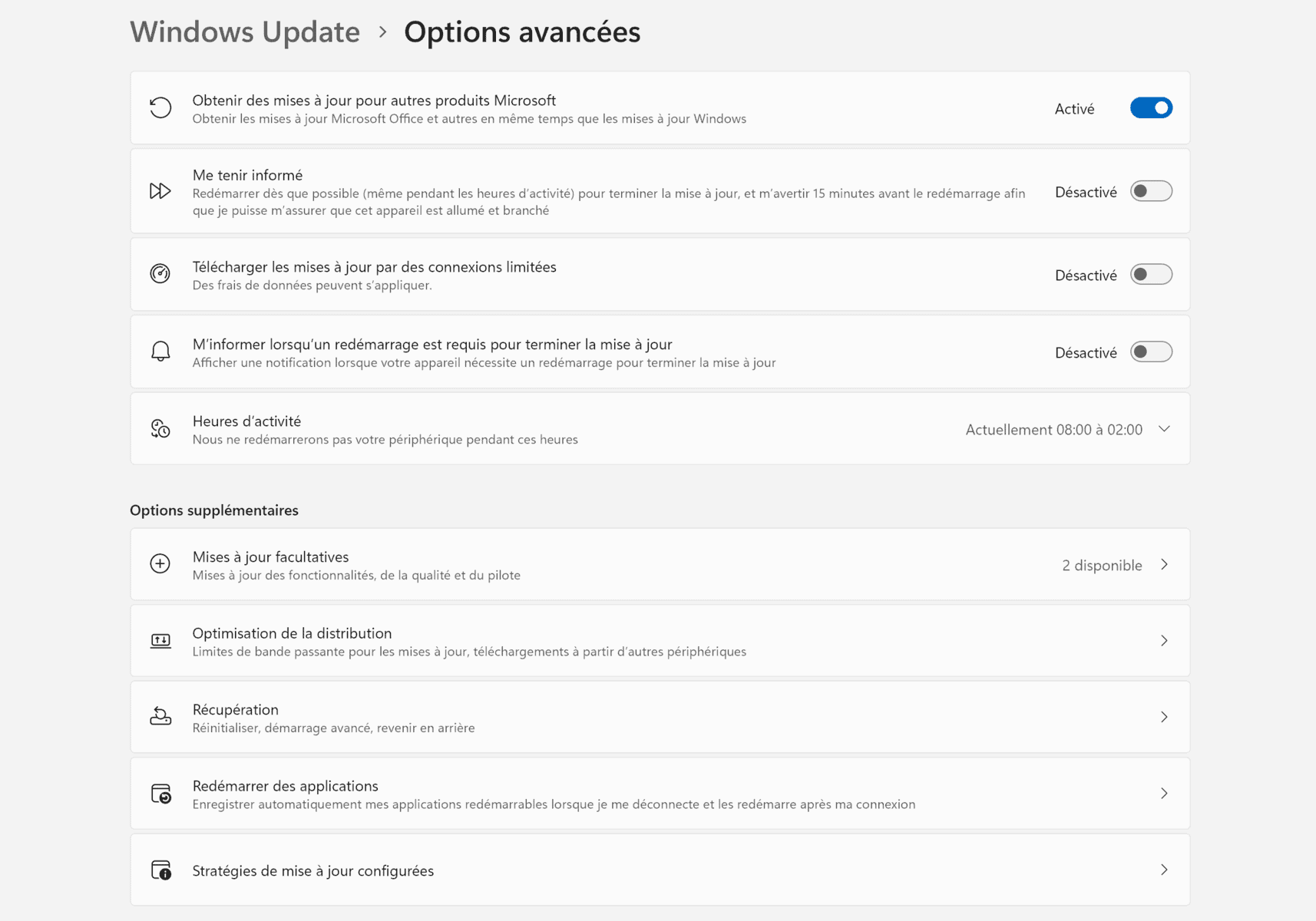 Options Avancées Windows Update Windows 11