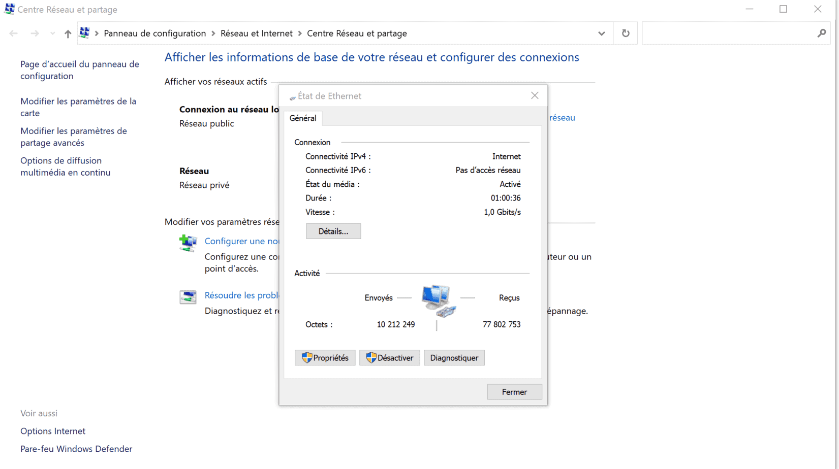 Etat Ethernet Windows 10