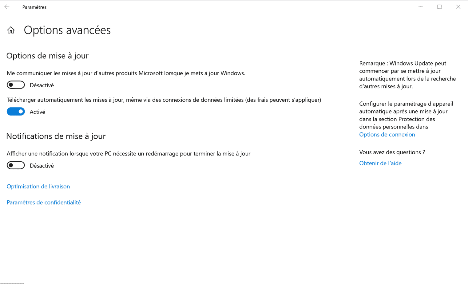 options avancées mise a jour windows 10