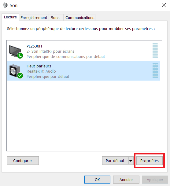 Proprietes Peripherique Audio