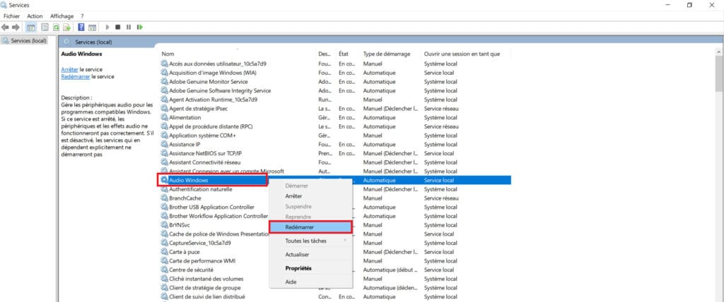 Redemarrer Service Audio Windows