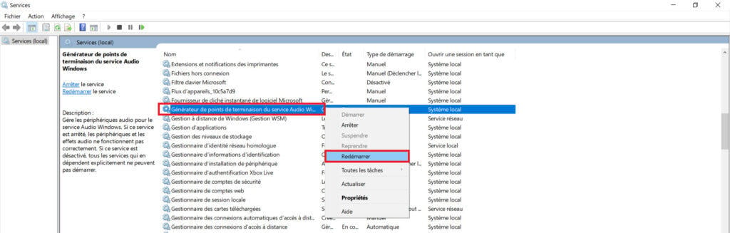 Redemarrer Service Generateur De Points De Terminaison Du Service Audio Windows